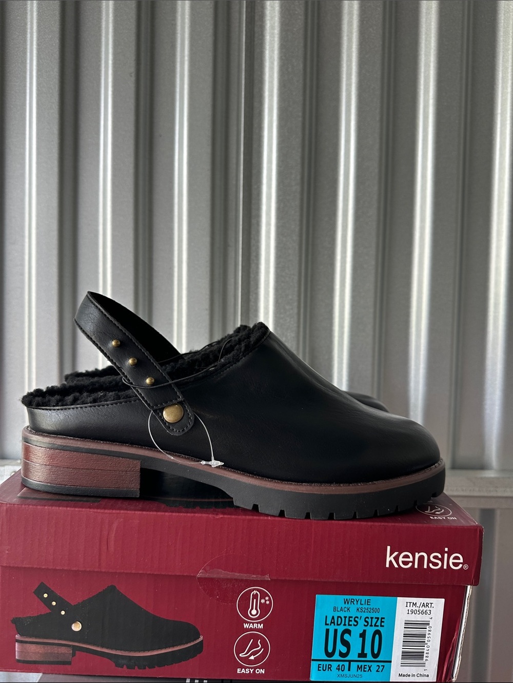 Kensie Black Leather Faux-Fur Lined Slingback Clog Size 10